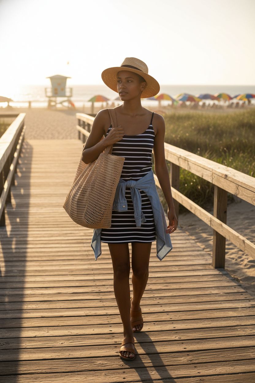 HOHOM mesh tote bag against backdrop of beach boardwalk and ocean at sunset