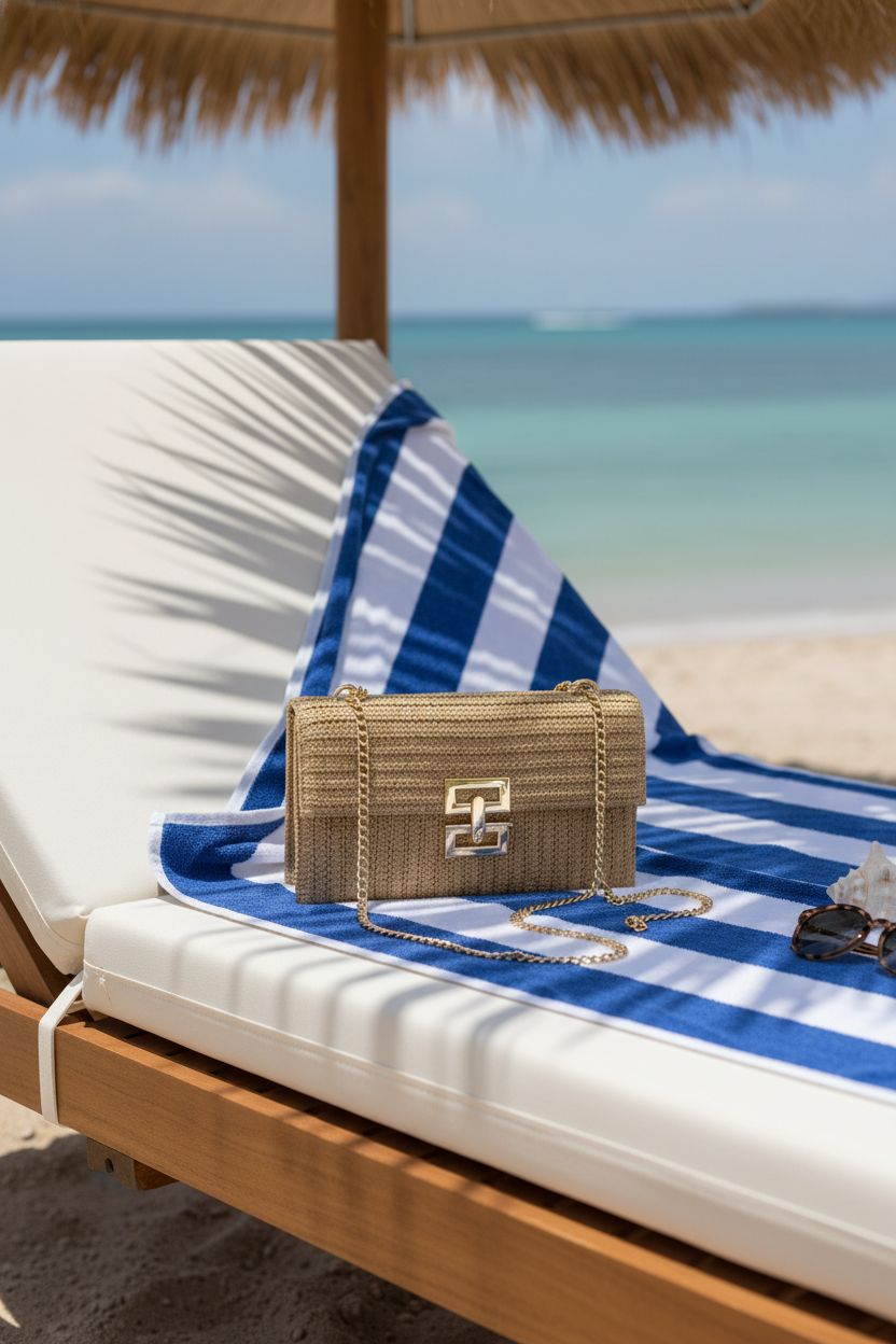 Verdusa khaki straw bag beautifully arranged on a beach lounger with palm shadows in the background.