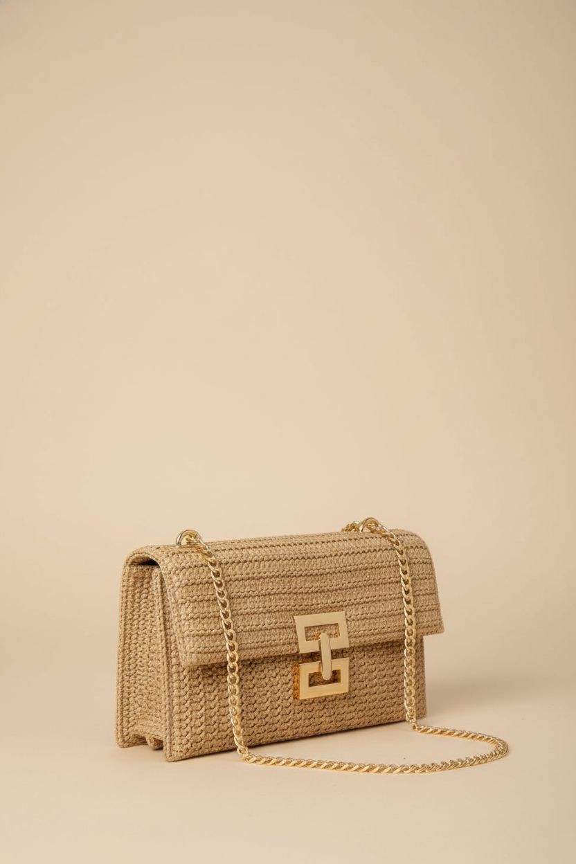 Front view of Verdusa khaki woven clutch purse highlighting its gold chain and detailed craftsmanship.