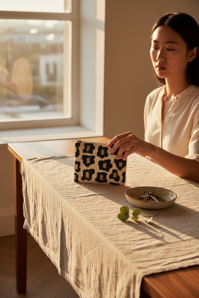 Bamboo Trading leopard beaded coin purse on walnut console, warm ambiance.