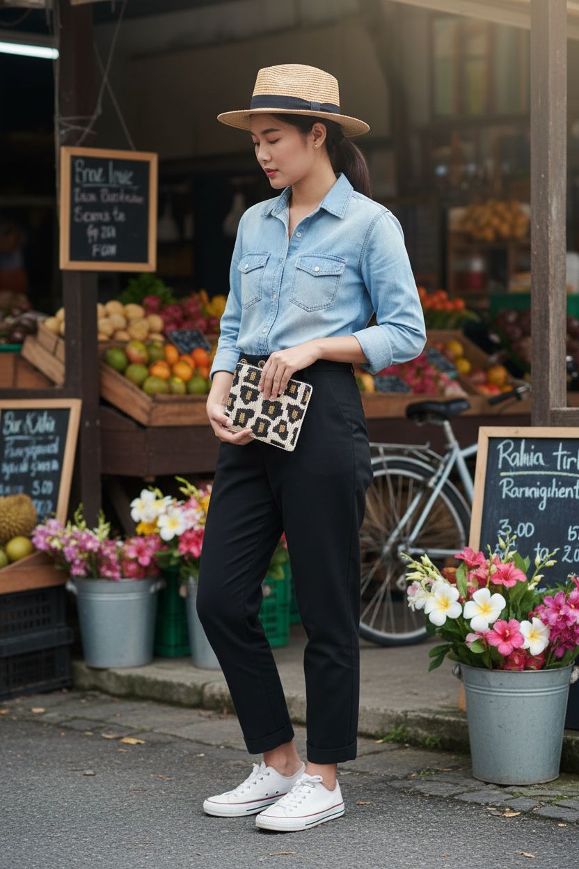 Bamboo Trading leopard beaded coin purse in use at market, stylish accessory.