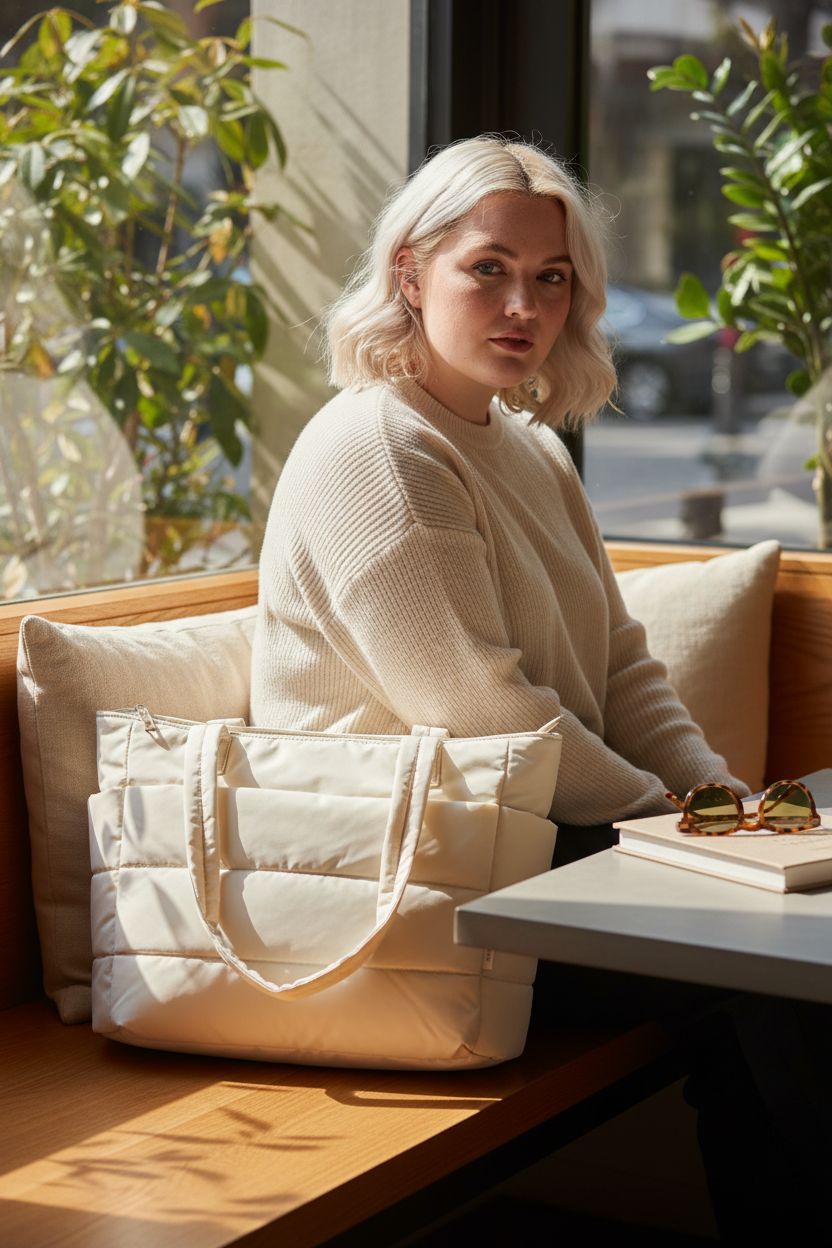 BAGSMART beige tote bag resting on a wooden bench in a cozy café nook