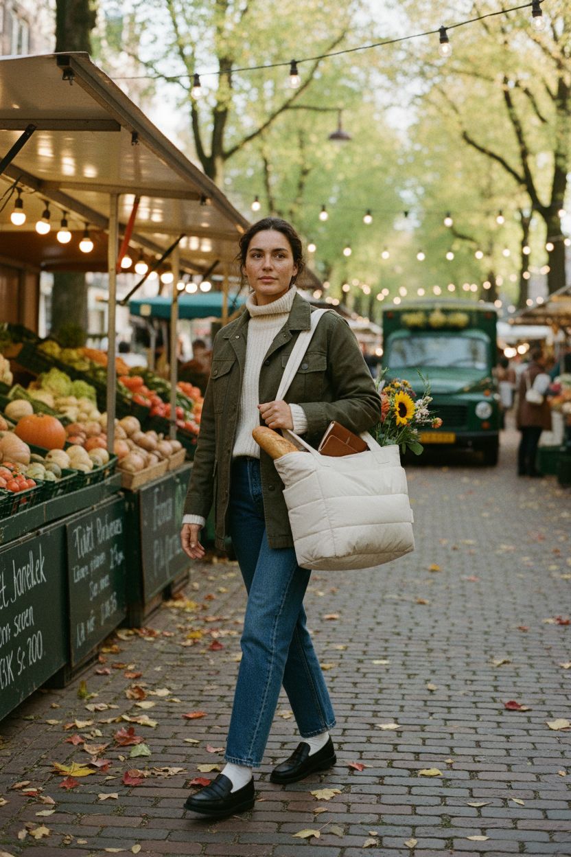 BAGSMART beige puffy tote bag filled with baguette and flowers at a farmers market