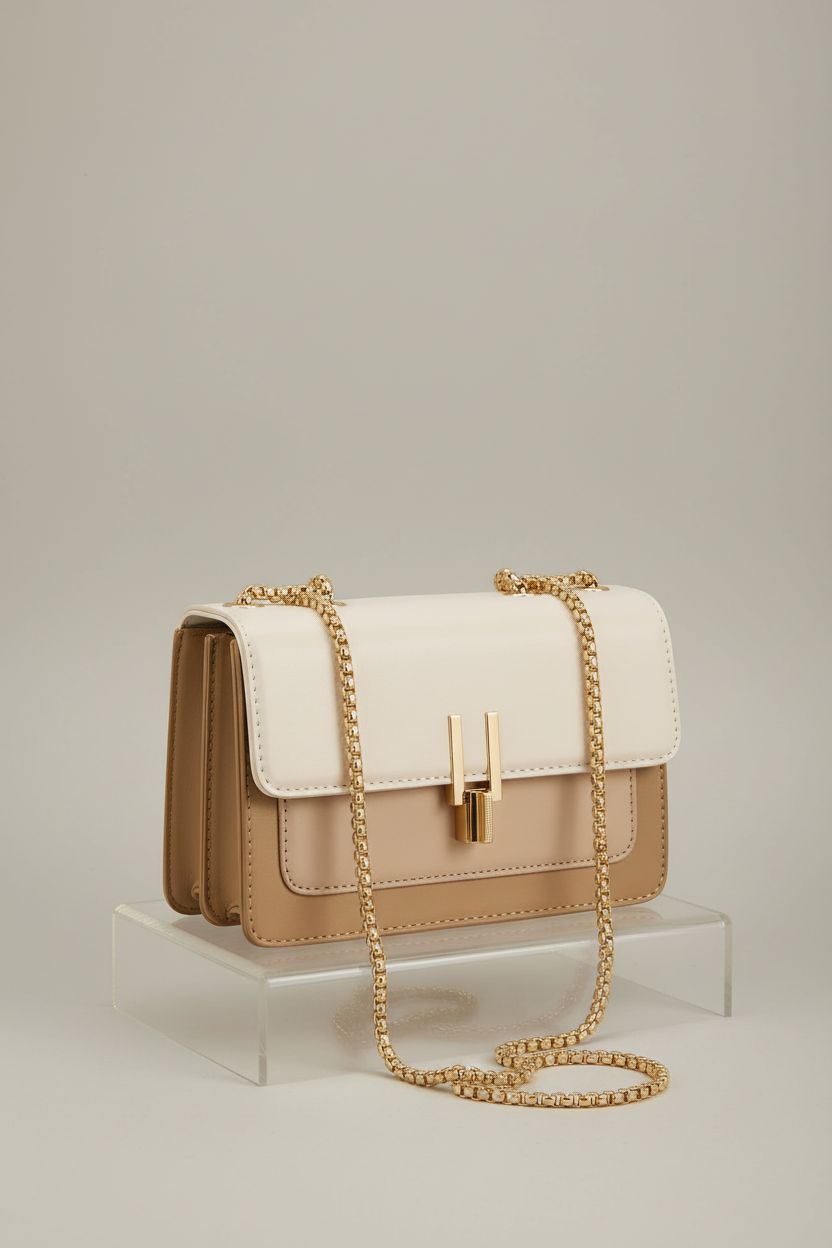 TOP BAND beige and white color-block crossbody bag on studio pedestal, showcasing craftsmanship and design.