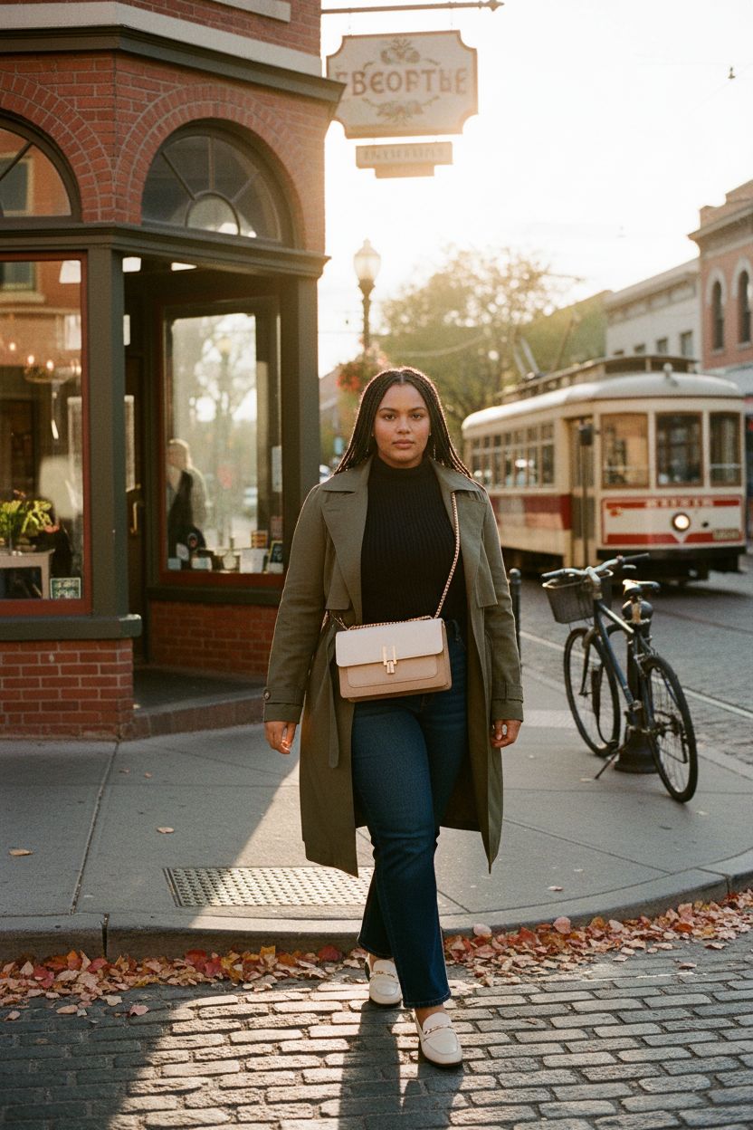 Beige and white color-block crossbody bag by TOP BAND, showcased on cobblestone street during autumn.