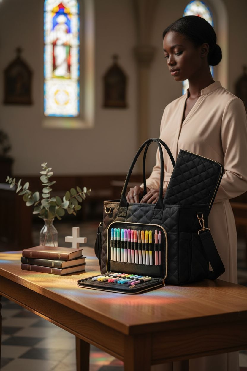 BellaHold Bible bag placed on oak console beside hymn books and cross in church