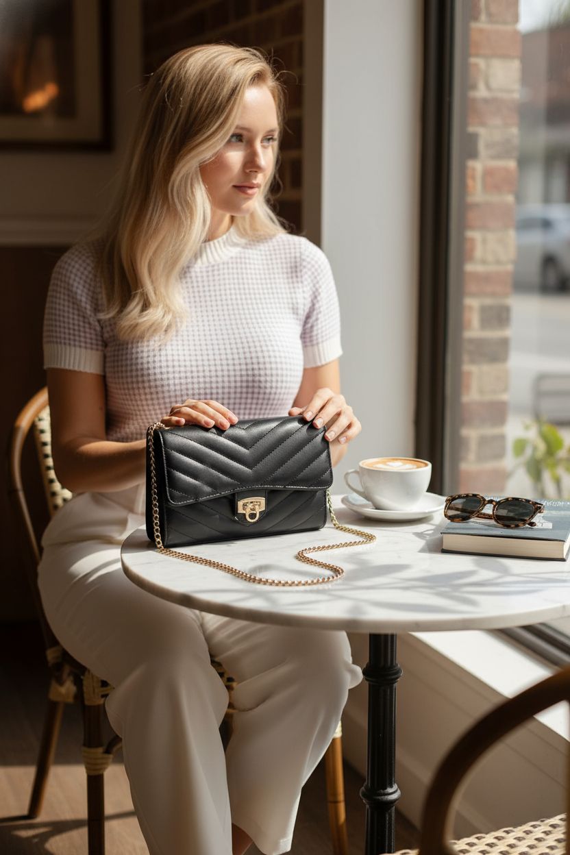 YAZEKOUS black and gold purse on a marble table, showcasing its luxurious design.
