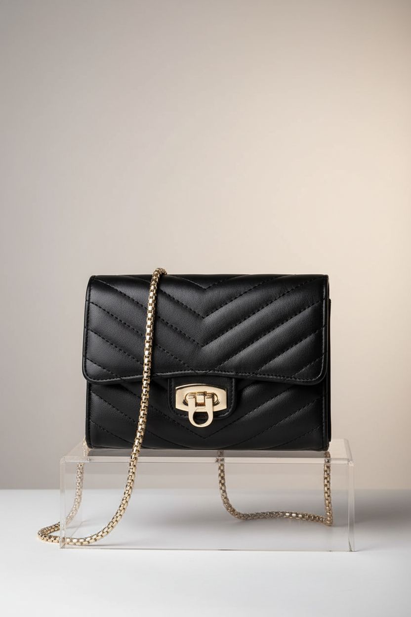 YAZEKOUS black and gold purse with a structured silhouette, emphasizing quality.