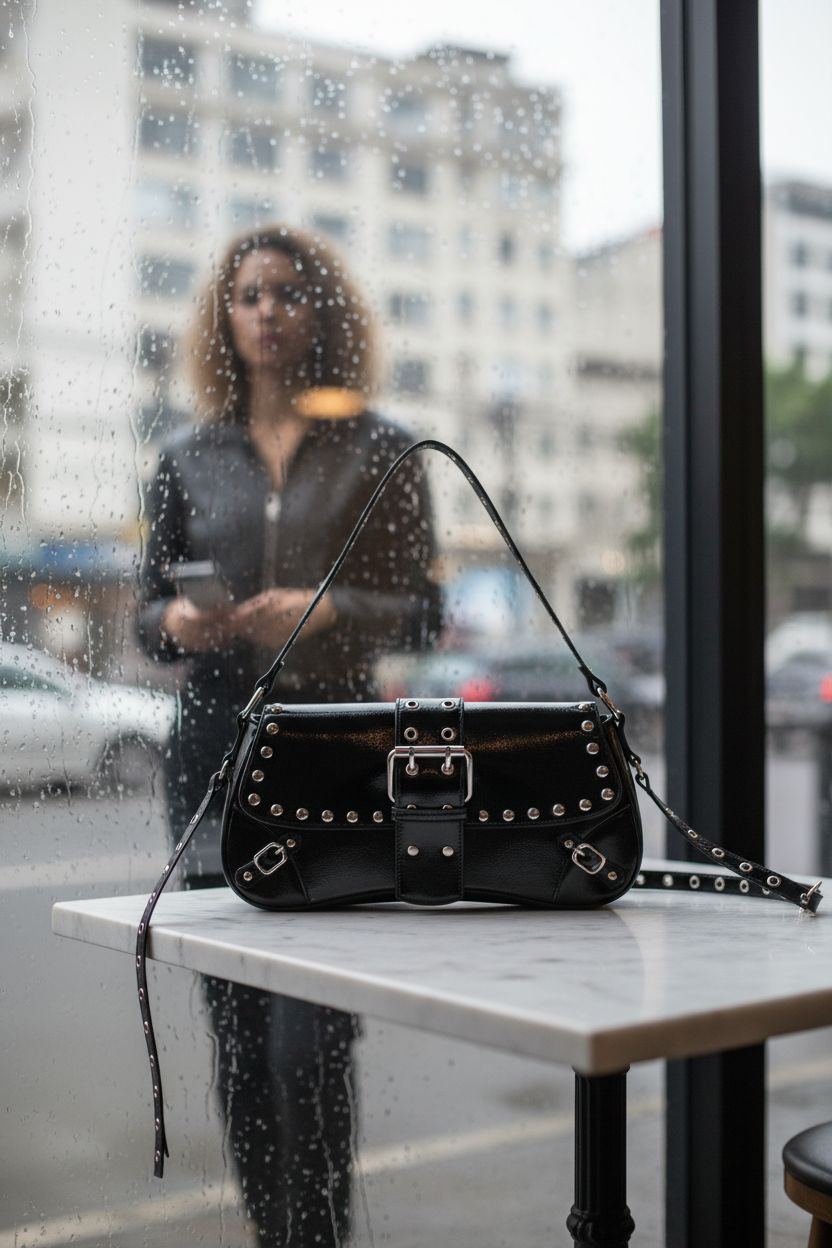 Elegant black purse by Verdusa resting on marble table with rain outside, creating a cozy mood.