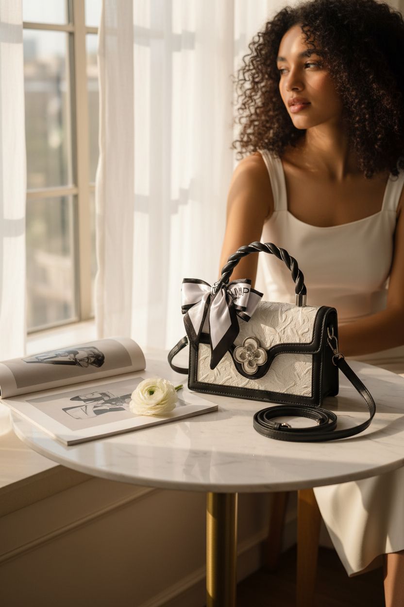 Elegant Verdusa black and white bag displayed with art book and flower in soft light.