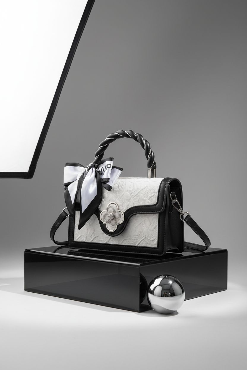 Close-up of Verdusa black and white bag showcasing emboss texture and refined details.