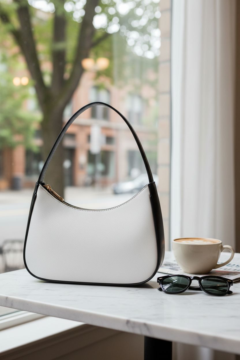 CYHTWSDJ black and white purse on a marble table in a cozy café, highlighting its elegant design.