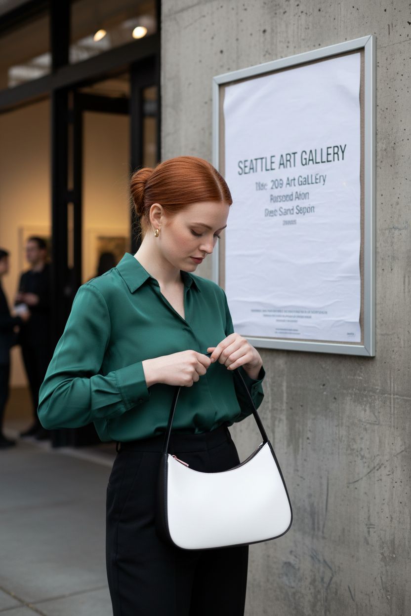 CYHTWSDJ black and white purse in an art gallery setting, showcasing stylish hobo design.