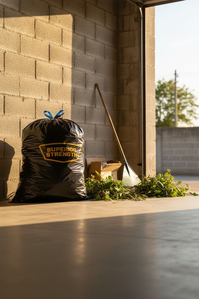 Hefty black trash bag upright in an open garage after yardwork, showcasing durability
