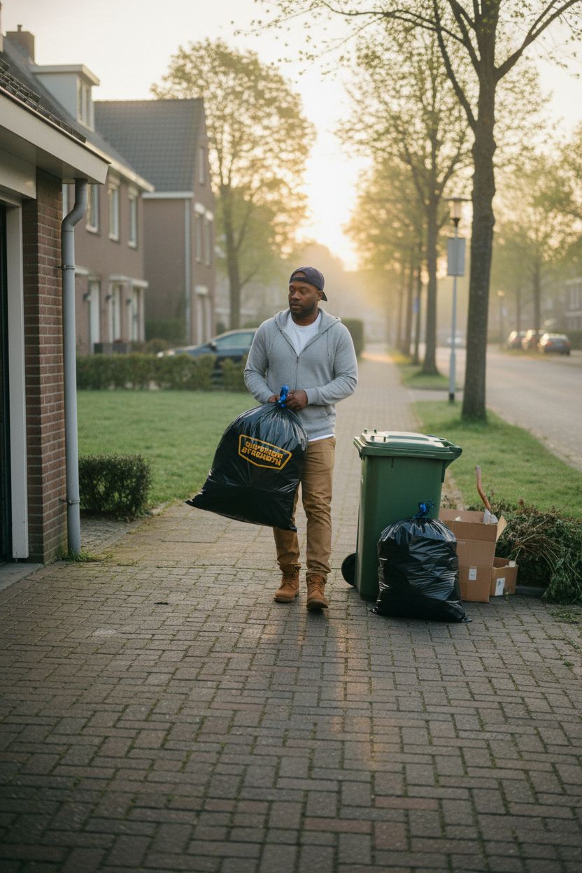 Durable Hefty 30-gallon black trash bag being carried on a suburban street at dawn