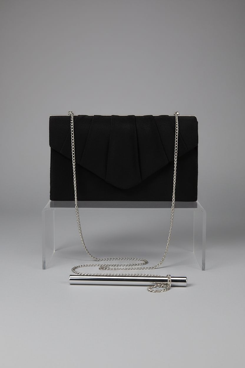 BBjinronjy black suede clutch purse on acrylic riser, highlighting its elegant design and chain