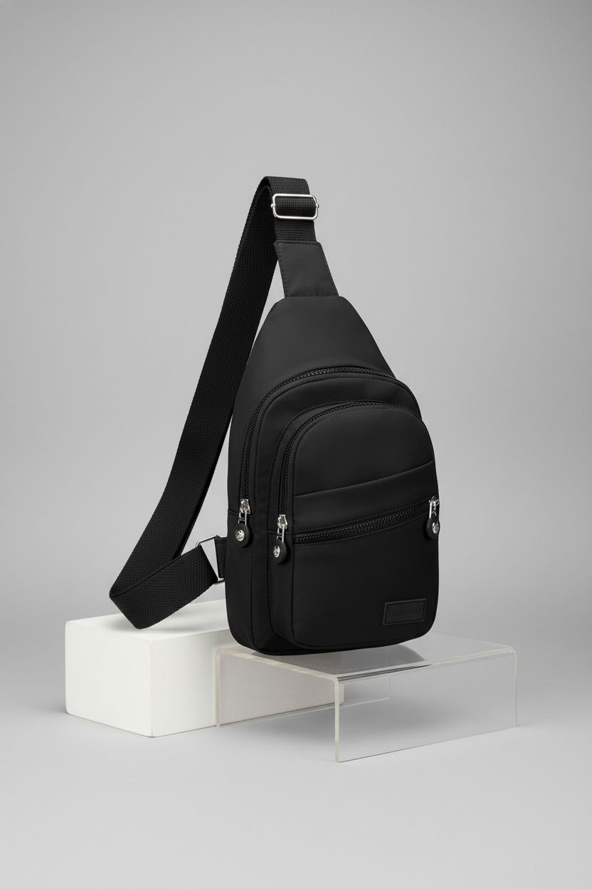 Banelu black crossbody bag showcased on a minimalist display, highlighting its quality materials and craftsmanship.