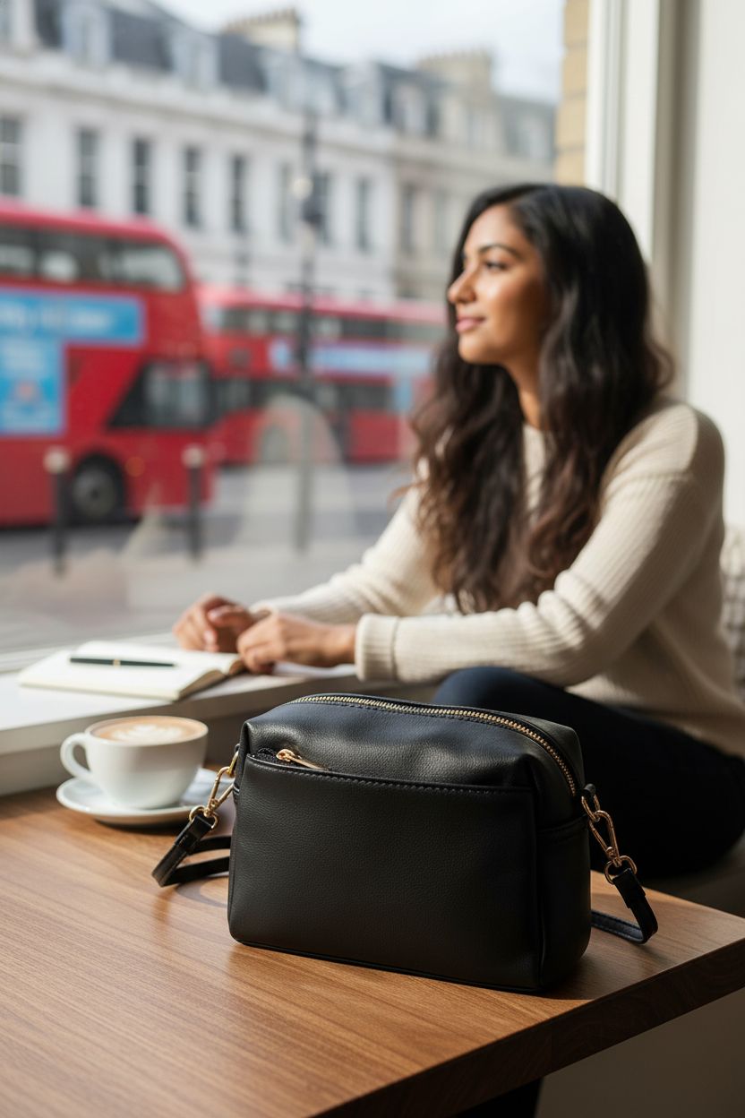 FashionPuzzle black crossbody purse beside a cappuccino in a cozy café, ideal for a productive day.