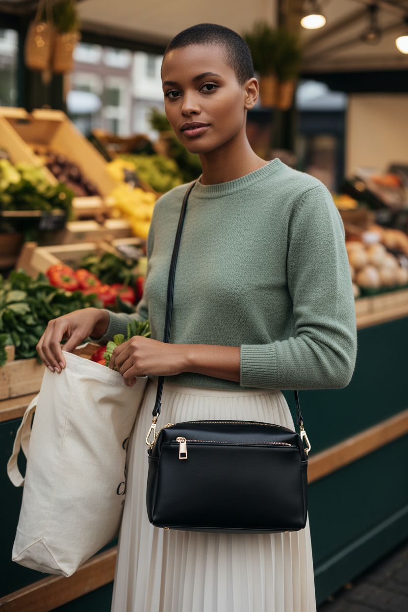 FashionPuzzle black crossbody purse showcased at a farmer's market, highlighting triple-zip design.