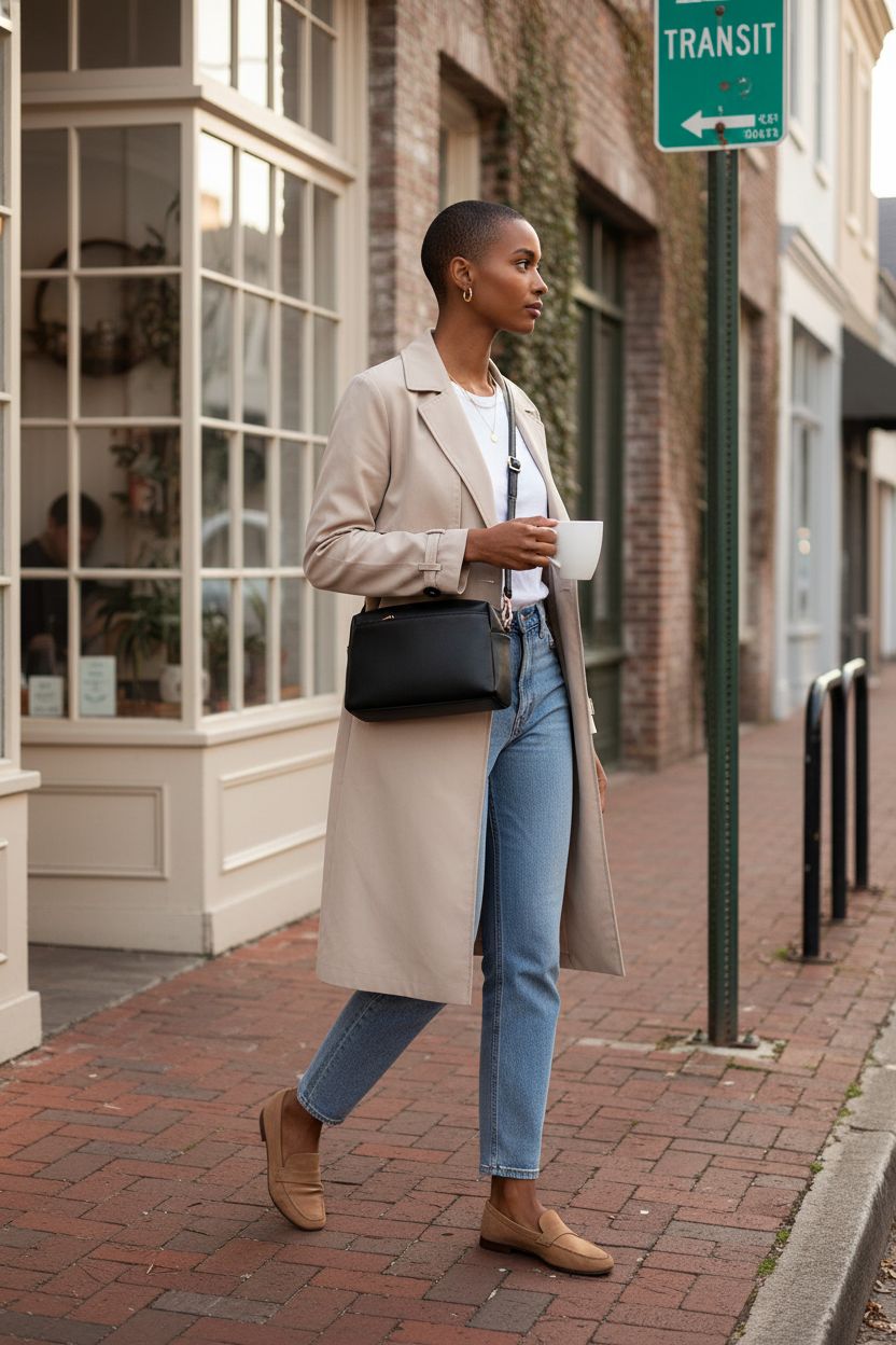 FashionPuzzle black crossbody purse worn casually while enjoying coffee, perfect for everyday use.