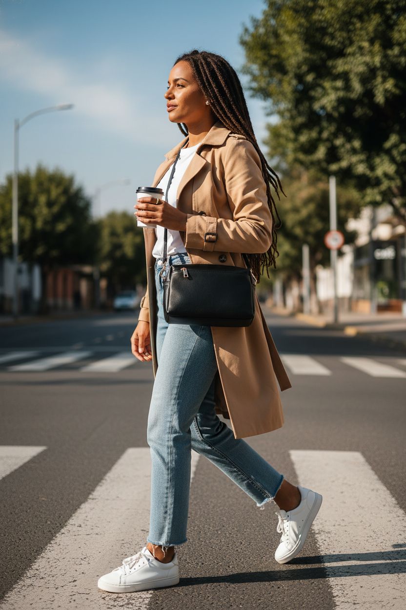 FashionPuzzle black crossbody bag carried in a sunlit crosswalk with casual attire.