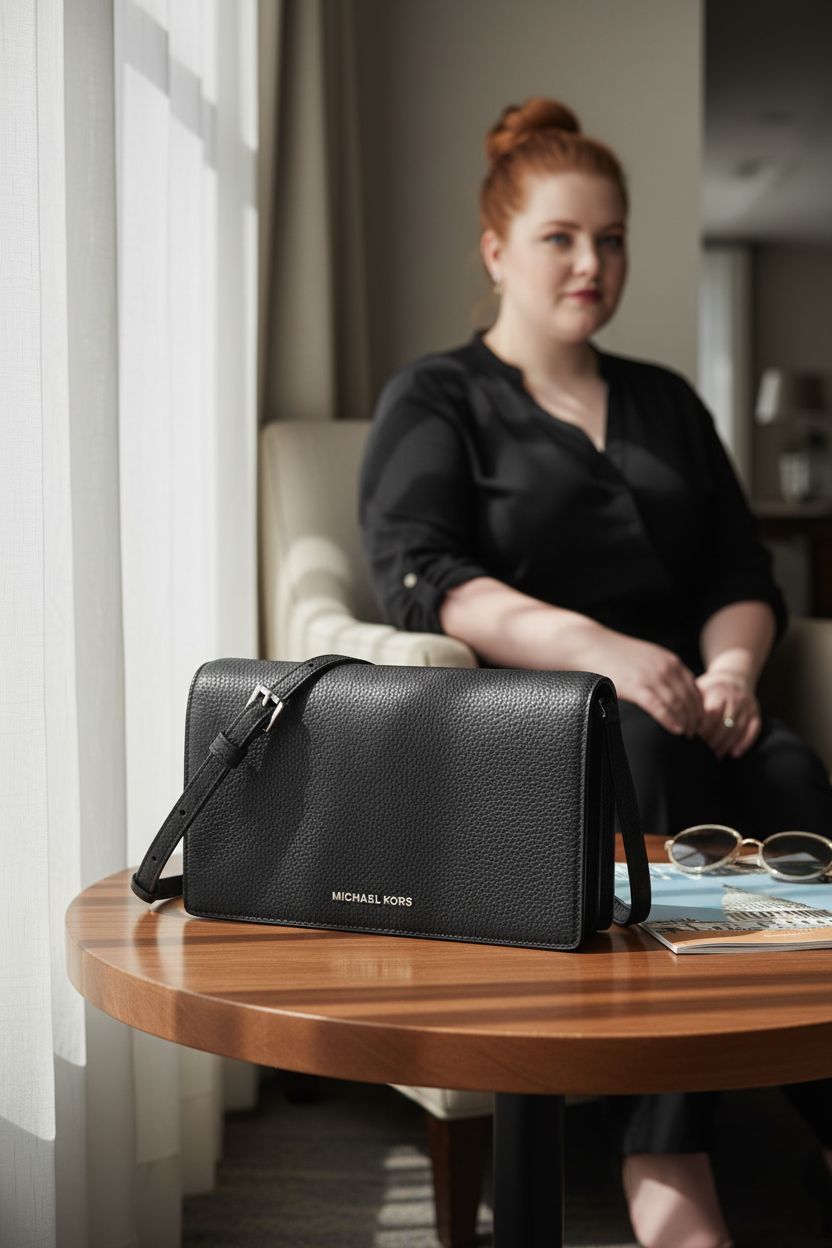 Michael Kors black designer bag resting on a table in a cozy hotel lounge, enhancing travel vibes