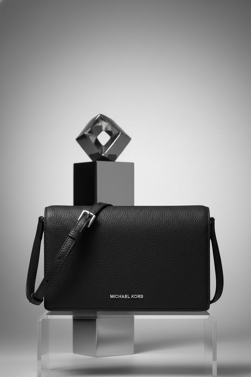 Michael Kors black designer bag showcased with pebbled leather and silver hardware on a studio backdrop