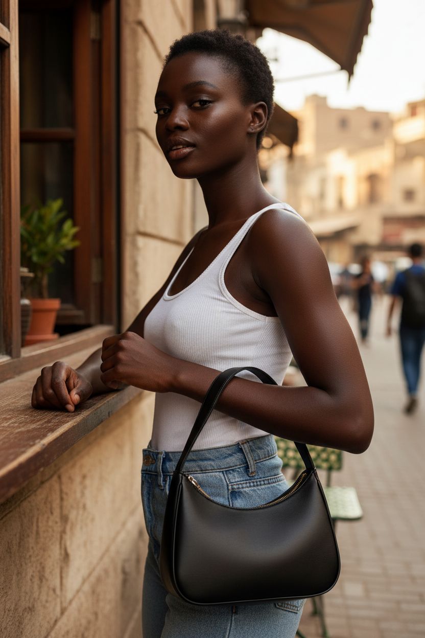 CYHTWSDJ black leather hobo purse with zipper at a street café, stylish and functional