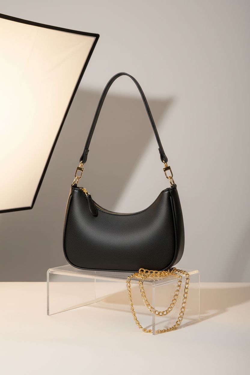 KKXIU black mini purse displayed on a light-gray background, highlighting leather quality and removable straps
