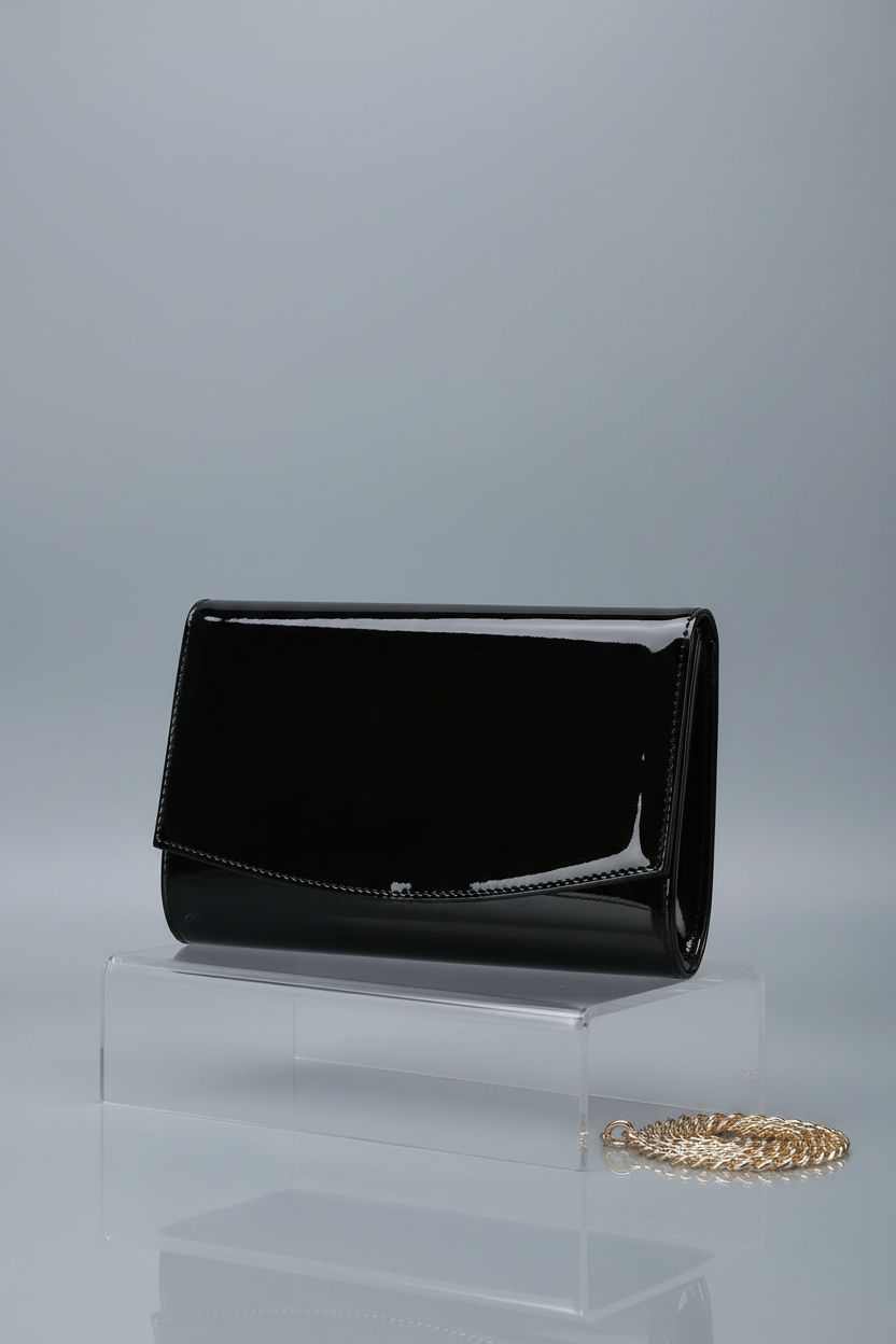 CHARMING TAILOR black patent leather clutch showcased on a glossy surface, highlighting its design