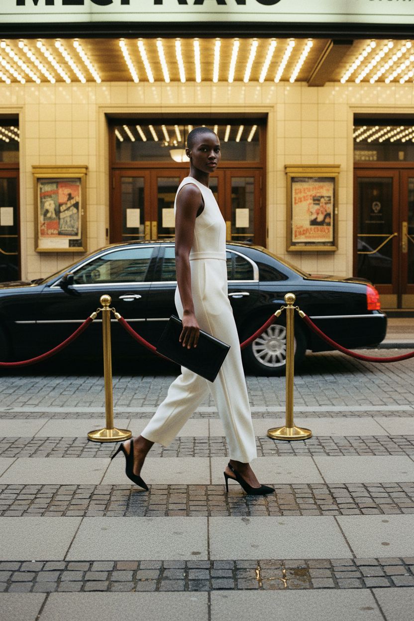 CHARMING TAILOR black patent leather purse outside a historic theater, elegant evening setting