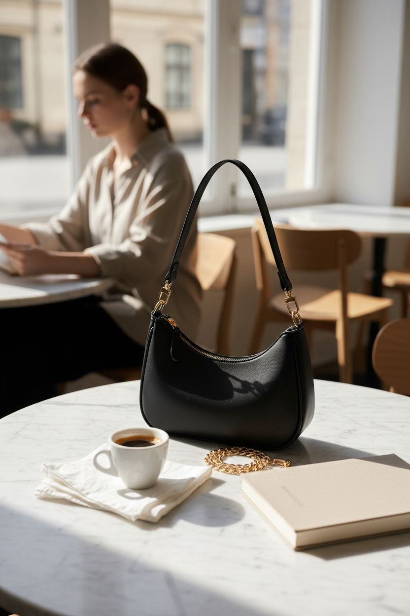 KKXIU black shoulder bag resting on marble table with coffee and a book, exuding elegance.