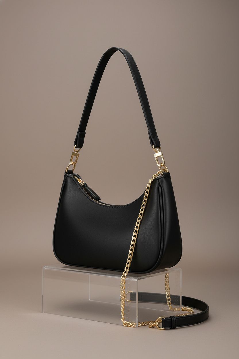 KKXIU black shoulder bag displayed on acrylic riser, highlighting its modern crescent shape.