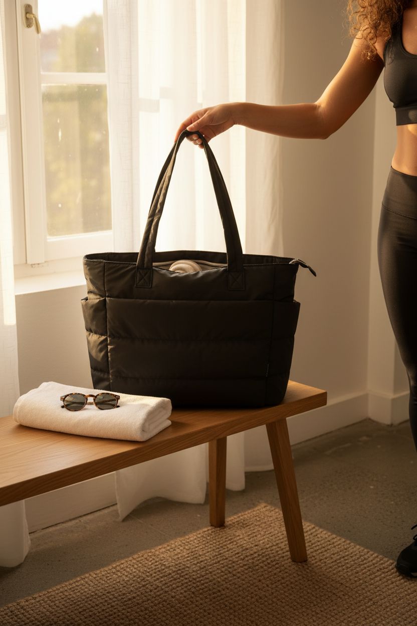 BAGSMART black tote bag resting on an oak bench with gym towel and sunglasses.
