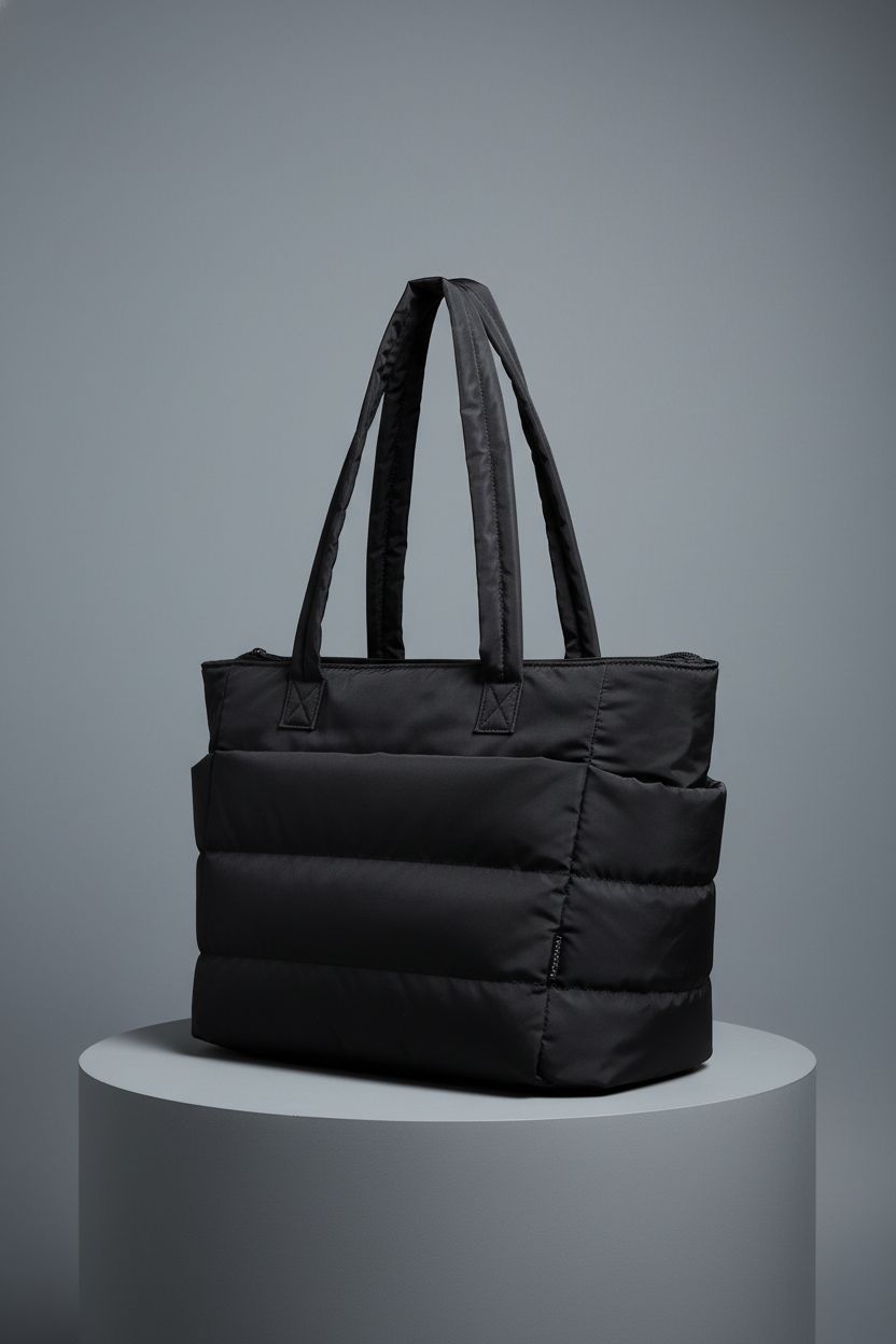 Close-up of BAGSMART black tote bag highlighting its quilting and craftsmanship.