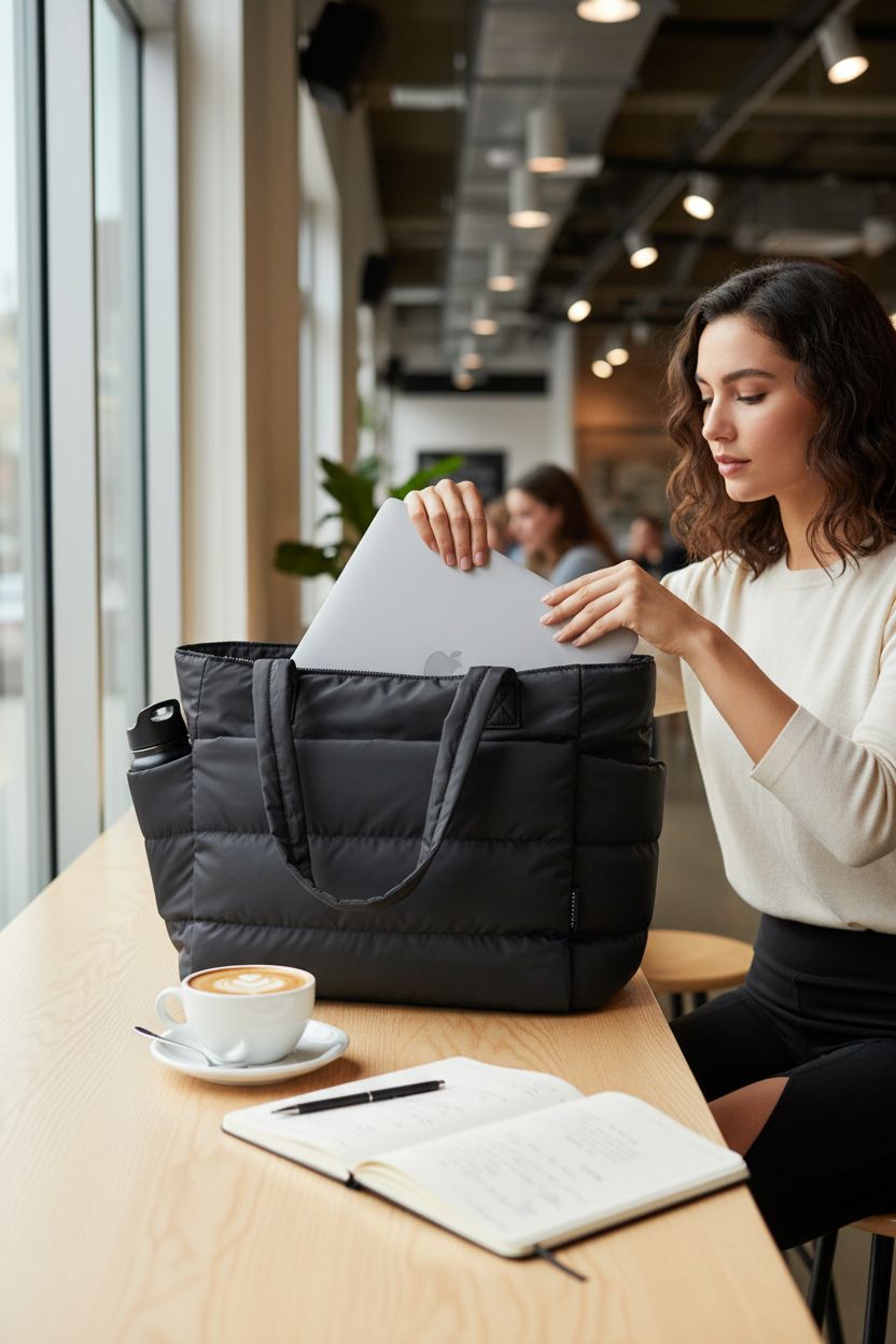 BAGSMART black tote bag showcased in a co-working café with a laptop and water bottle.