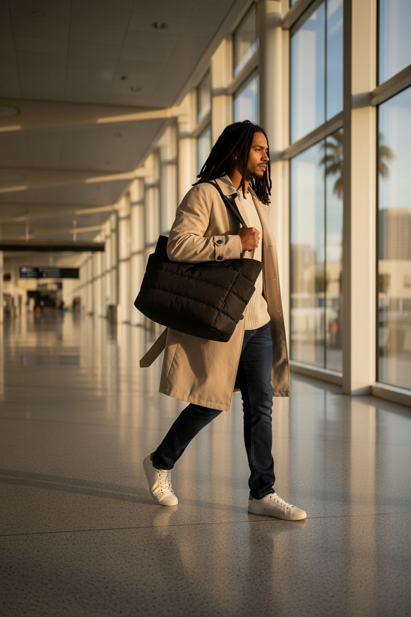 Traveler carrying a BAGSMART black tote bag in an airport with stylish sneakers.
