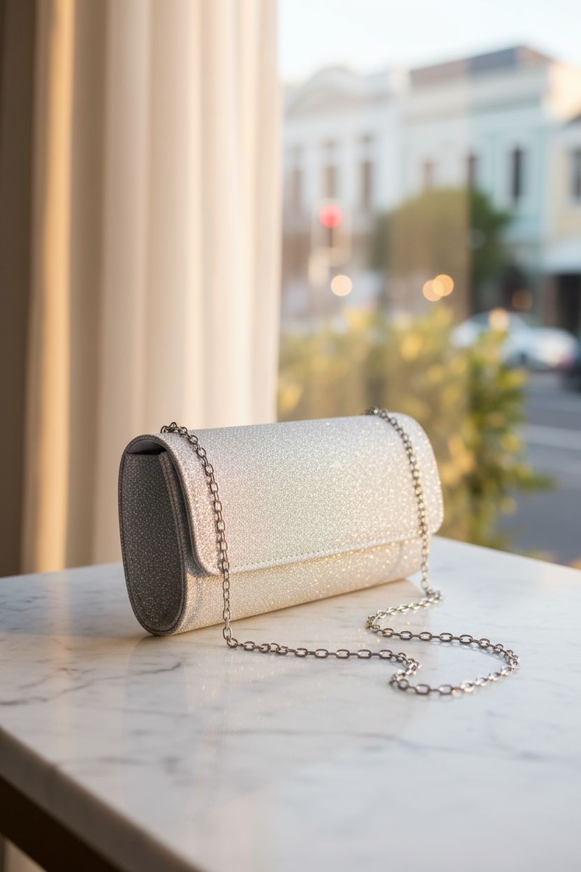 lovyoCoCo evening bag on marble table, glowing in soft afternoon light