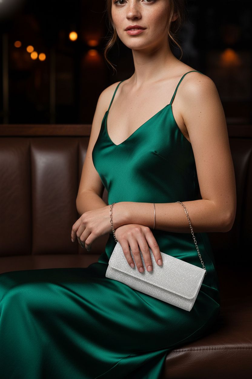 lovyoCoCo sparkling clutch elegantly posed in a chic cocktail lounge setting