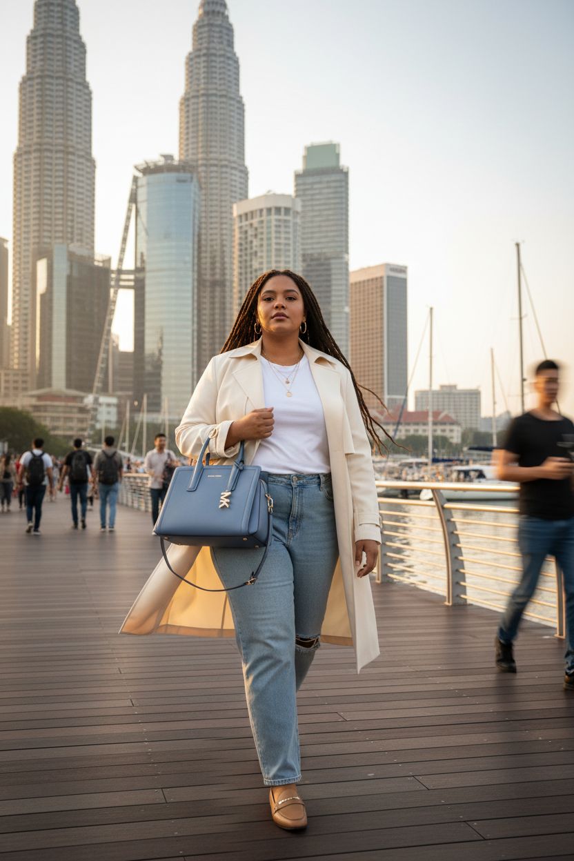 Michael Kors French Blue satchel in stylish sunset scene along waterfront promenade
