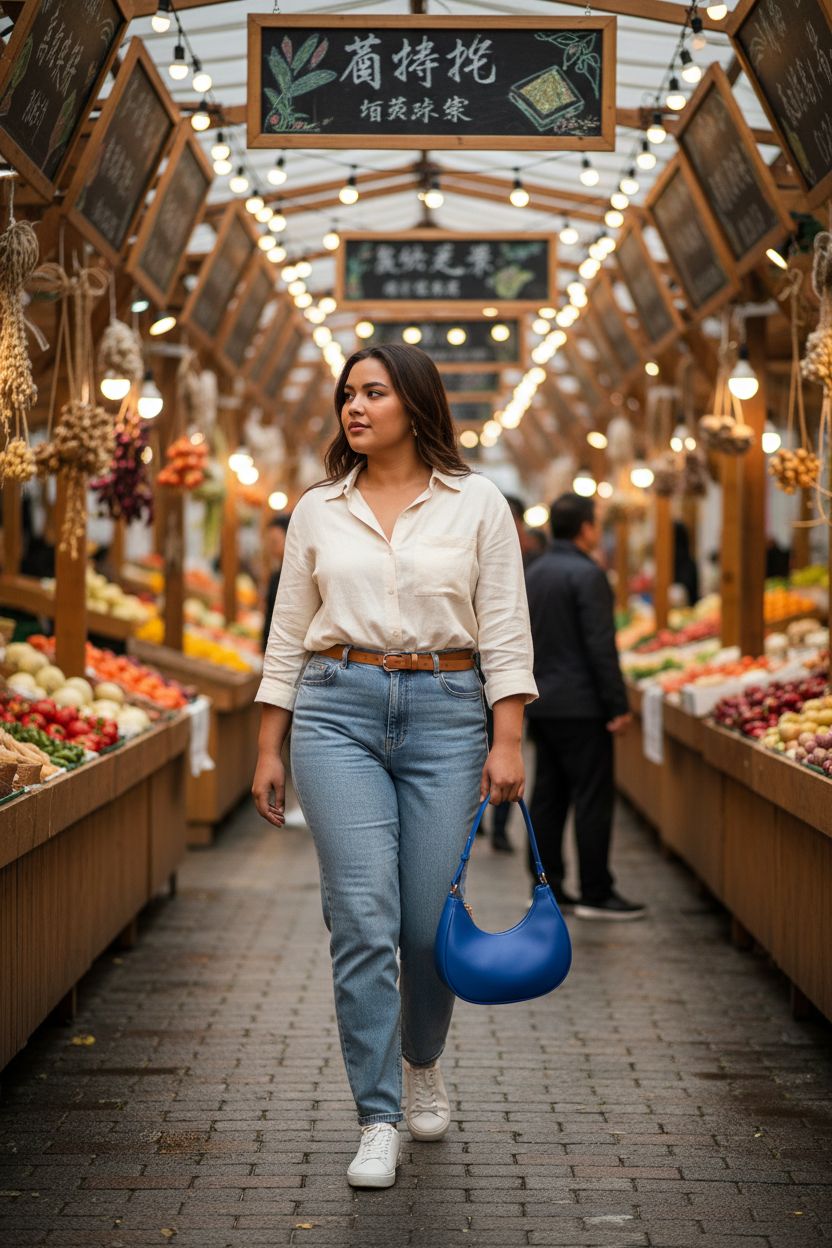 WSRYDJDL blue crescent shoulder bag under the arm at a lively market