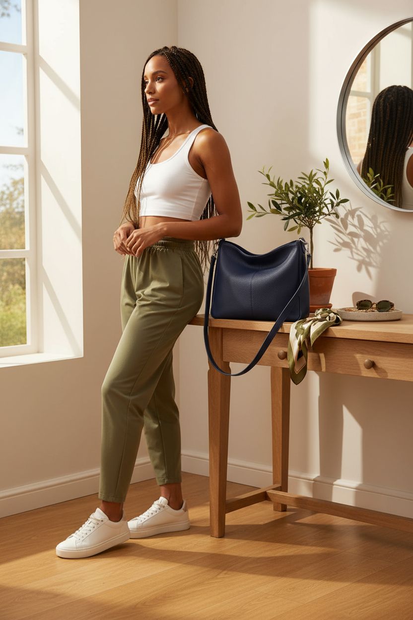 Befen navy blue leather hobo bag resting on a console, enhancing a calm home entryway atmosphere.