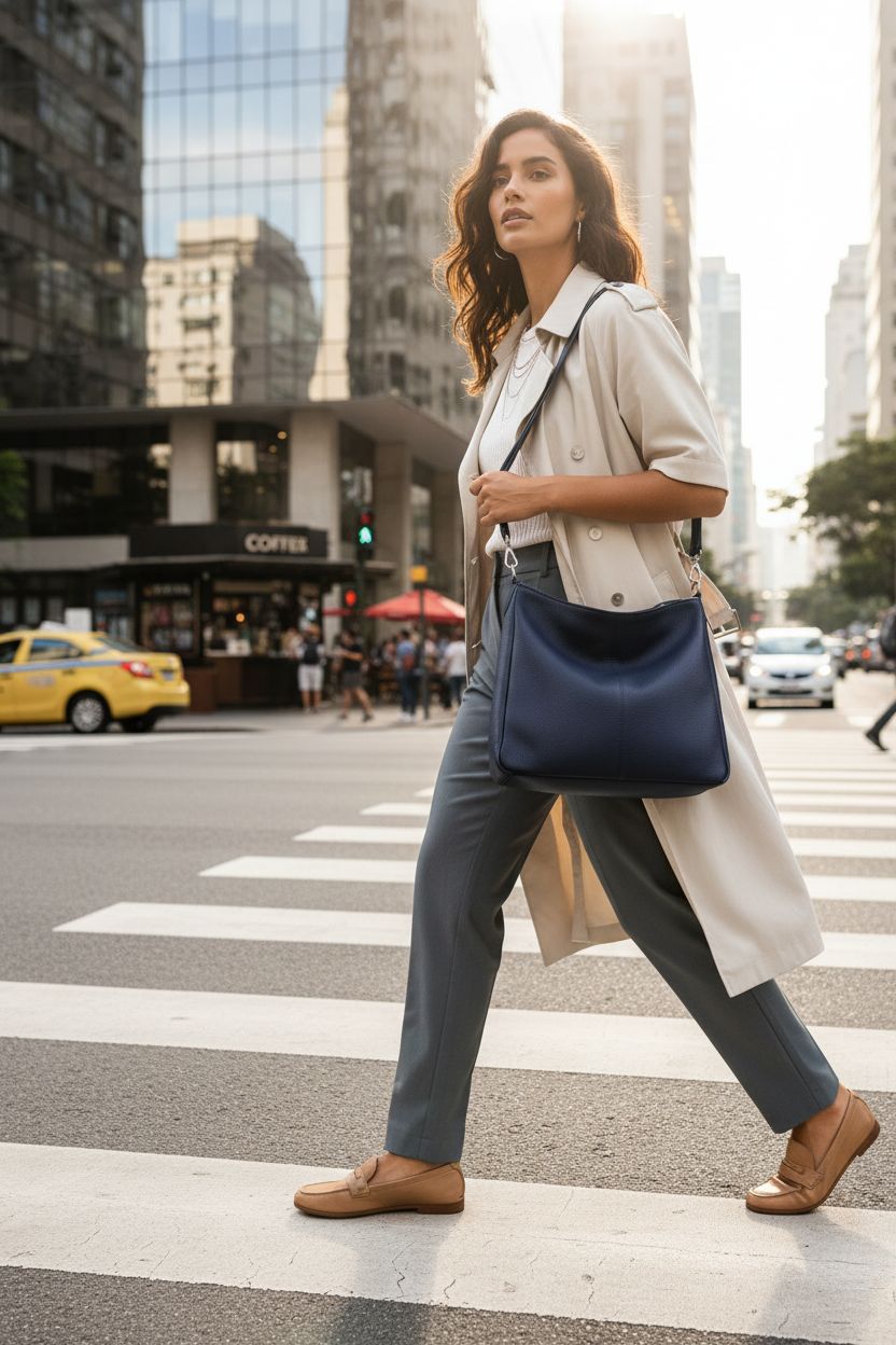 Befen navy blue leather handbag styled crossbody, showcasing soft texture in an urban setting.