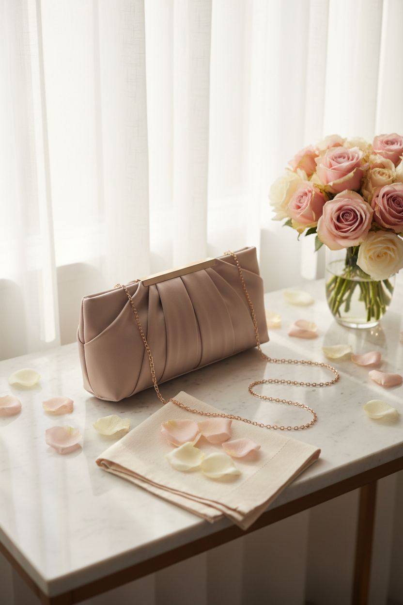 Blush satin clutch by CHARMING TAILOR on a marble console adorned with rose petals.