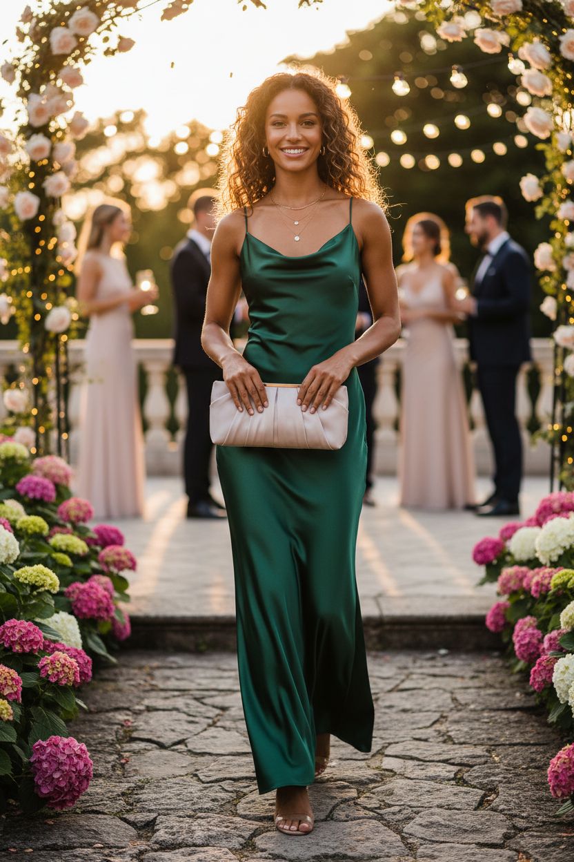 Blush satin clutch from CHARMING TAILOR complements a stunning emerald dress at a wedding.
