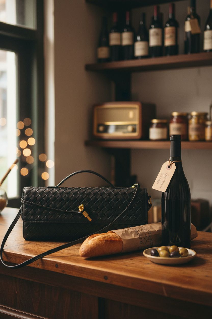 Joryin black woven bag resting on a wooden counter in a cozy bodega setting