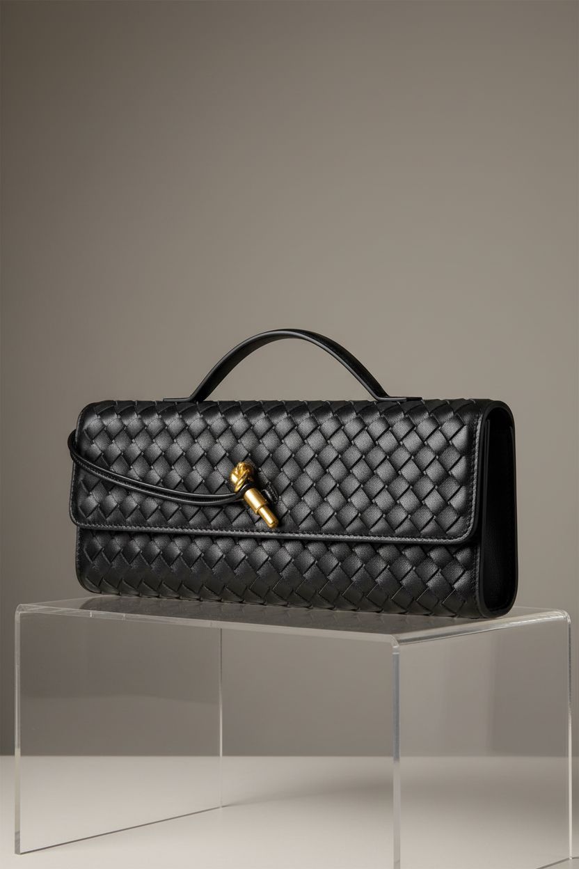 Product shot of Joryin black woven purse highlighting intricate design and materials