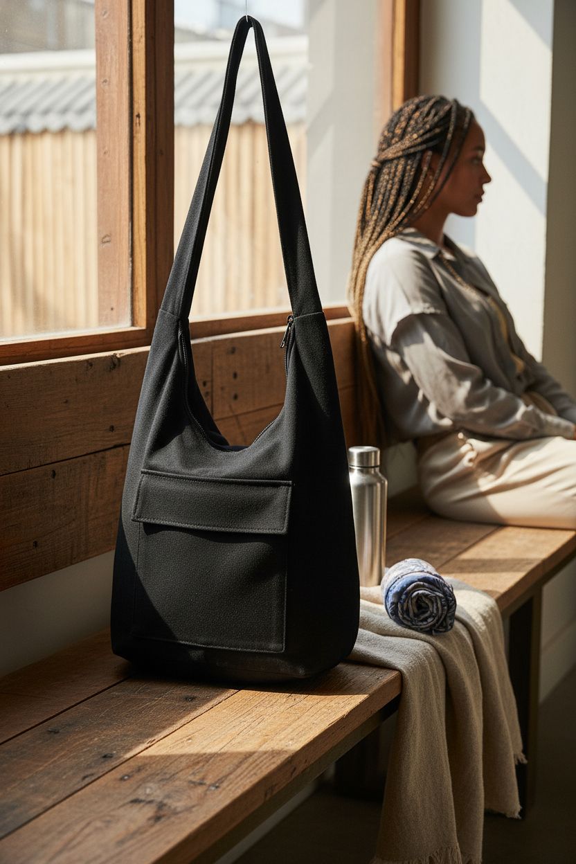 Your Cozy black cotton sling bag on a wooden bench with travel essentials.