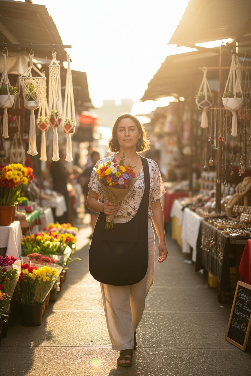 Your Cozy lightweight cotton crossbody bag showcased at an artisan market.