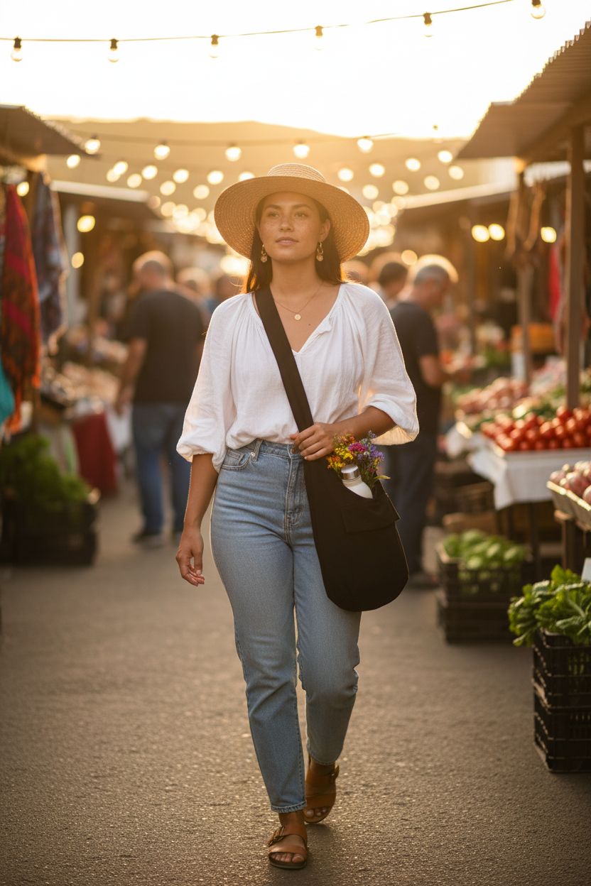 Your Cozy Boho Crossbody Bag at an open-air market, highlighting its lightweight and unisex design.
